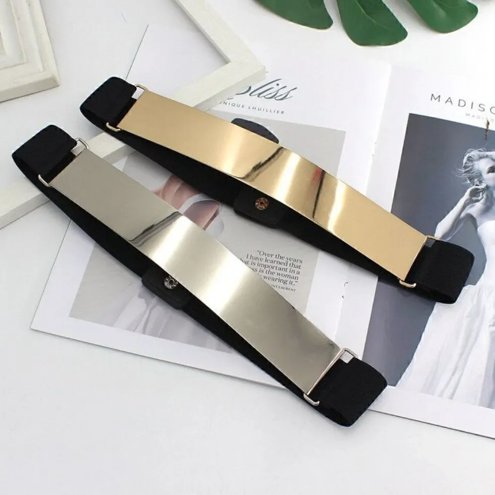Mirror Gold Silver Tone Metal Plate Elastic Waist Stretchy Dress Belt NEW